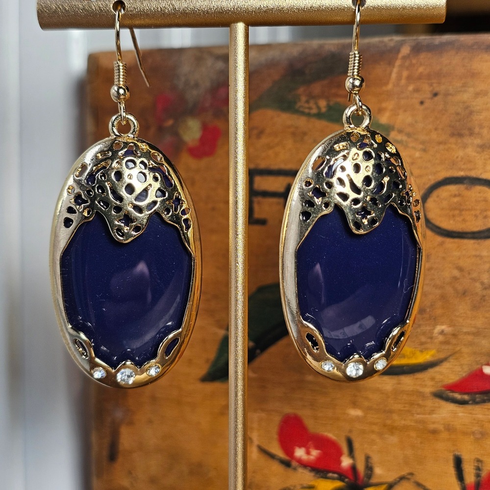 Blue Gold Tone Oval Drop Earrings Women OS Filigree Rhinestone Dangle
